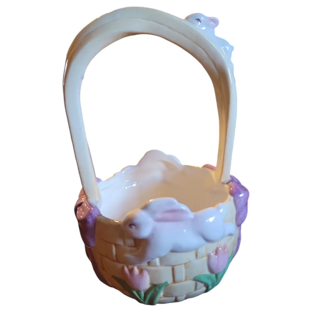 Easter Bunny Rabbit Tulips Floral Pastel Ceramic Handled Basket Bow
